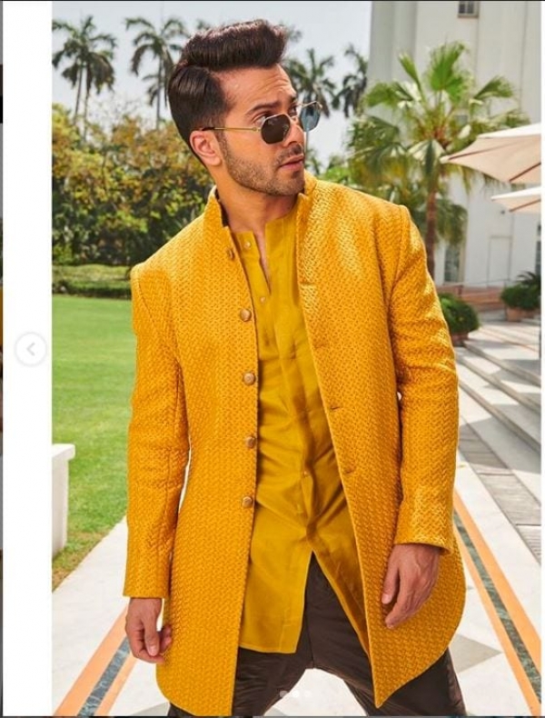 Varun Dahvan style yellow silk kurta pajama design for men